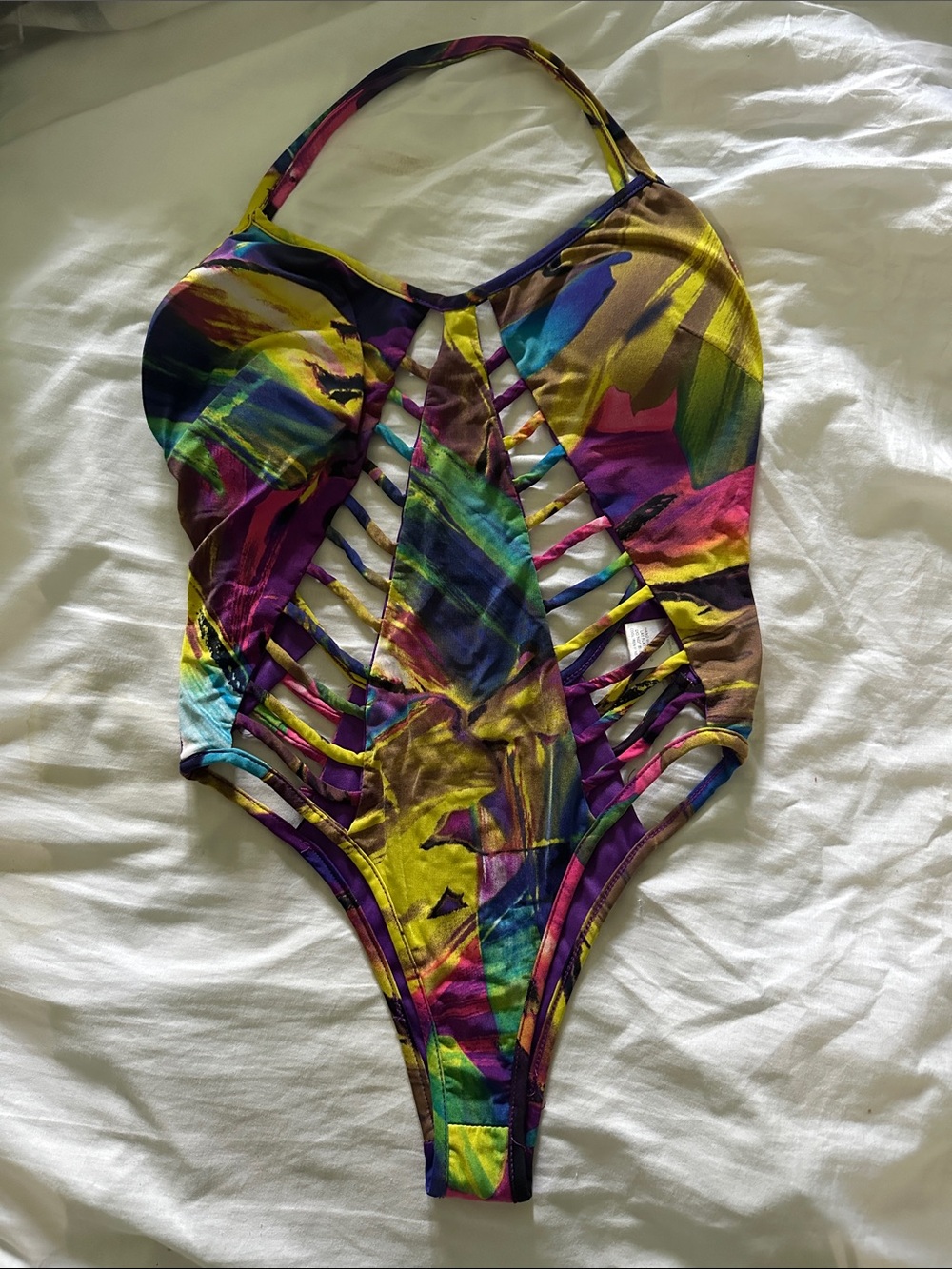 One-Piece Swimsuit in Multicolor Abstract Print with double side slits w/backout